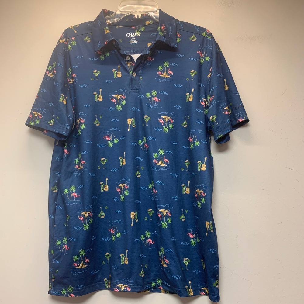 Chaps Golf Polo Shirt Mens Medium Blue Excellent Flamingo Tropical Performance